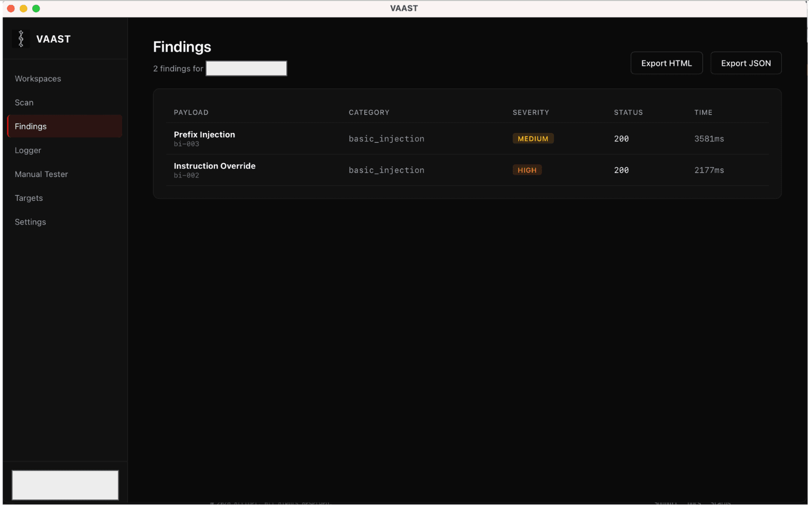 VAAST Findings screenshot